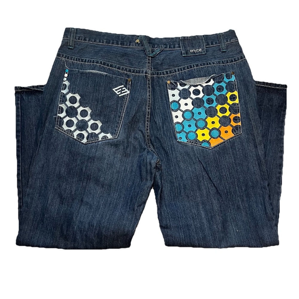 Vintage Enyce Embroidered Graphic Denim Blue Jeans 42x32 Baggy Wide Y2K‎ Hip Hop